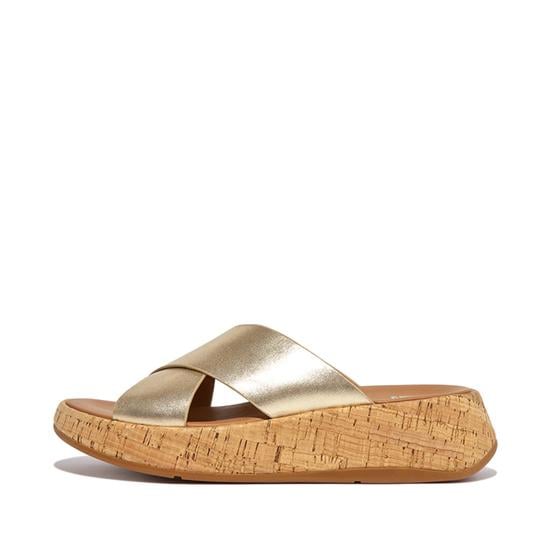 Metallic Leather/Cork Flatform Cross Slides