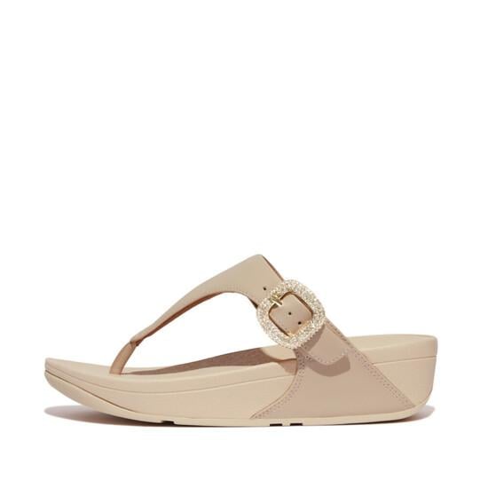 Lulu Crystal-Buckle Leather Toe-Post Sandals