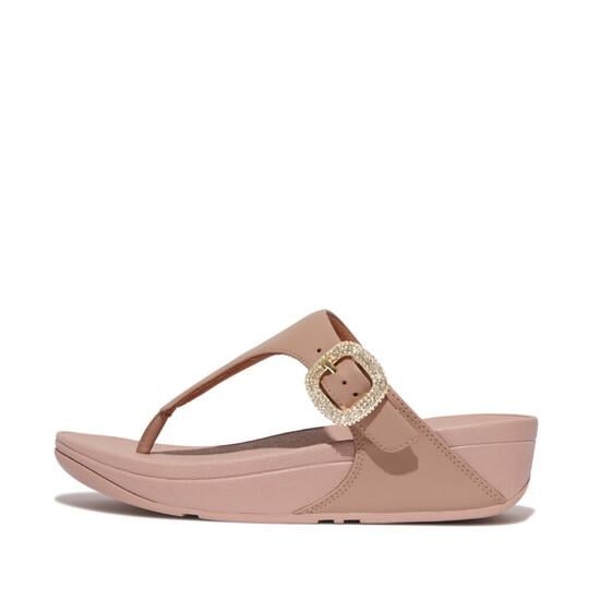 Lulu Crystal-Buckle Leather Toe-Post Sandals