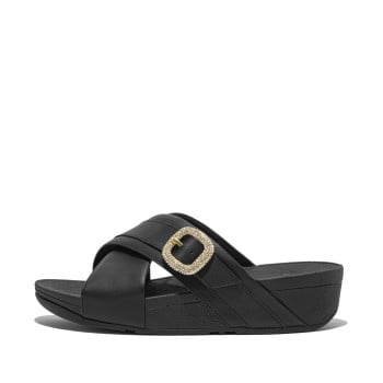 Fitflop Lulu Crystal-Buckle Leather Cross Slides(SKU: 228-399-11-3)