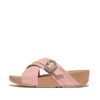 Fitflop Lulu Crystal-Buckle Leather Cross Slides(SKU: 228-399-24-3)