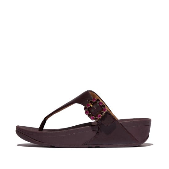 Lulu Crystal-Buckle Leather Toe-Post Sandals