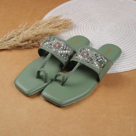 Women Green Ethnic Slip Ons