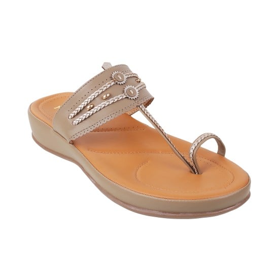 Women Beige-red Ethnic Kolhapuris