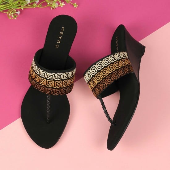 Women Black Ethnic Slip Ons