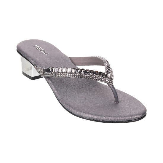 Women Gun-metal Party Slip Ons