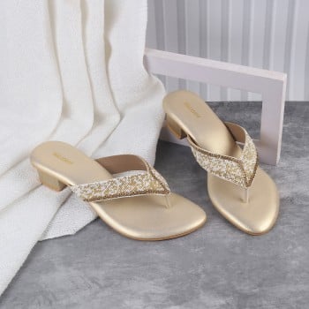 Walkway Women Gold Ethnic Slip Ons(SKU: 35-1768-15-37)