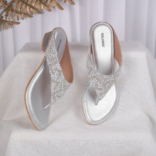 Women Silver Ethnic Slip Ons