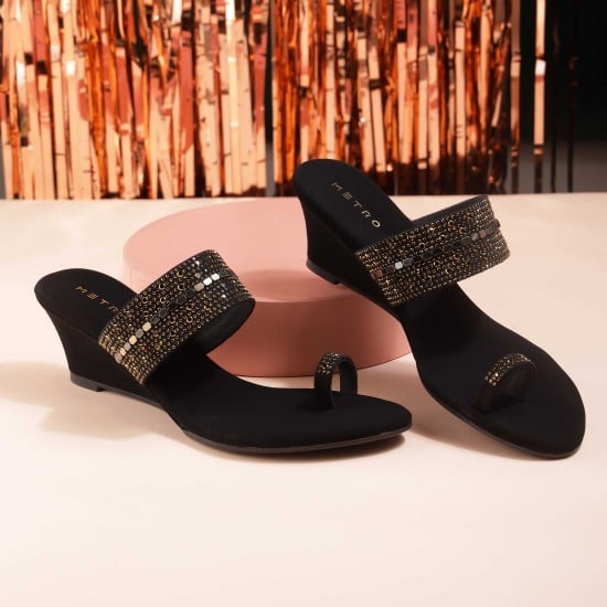 Women Black Ethnic Slip Ons