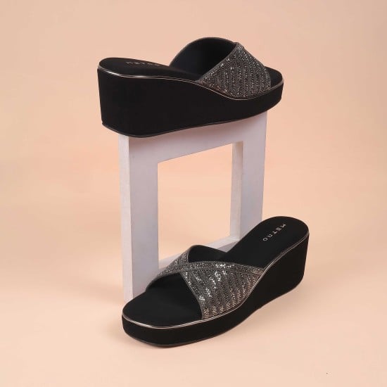 Women Black Ethnic Slip Ons