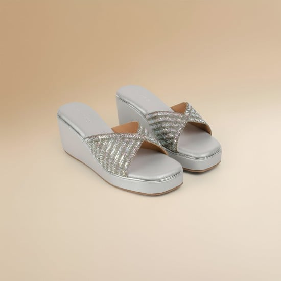 Women Silver Party Slip Ons