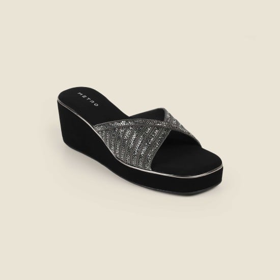 Women Black Ethnic Slip Ons