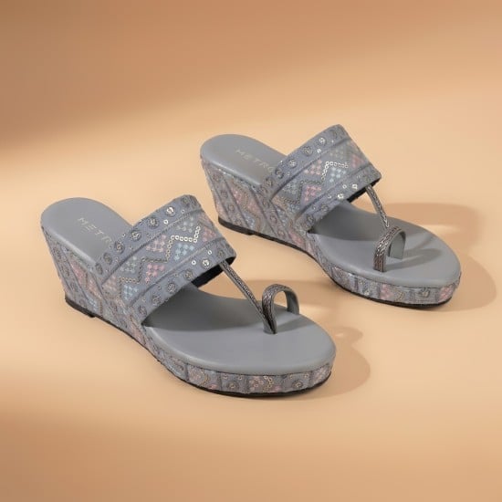 Women Grey Ethnic Slip Ons