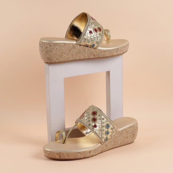 Women Gold Ethnic Slip Ons