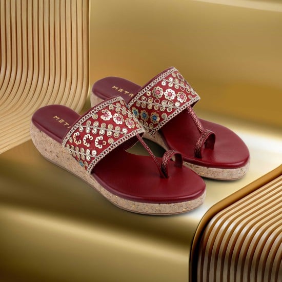 Women Maroon Ethnic Slip Ons