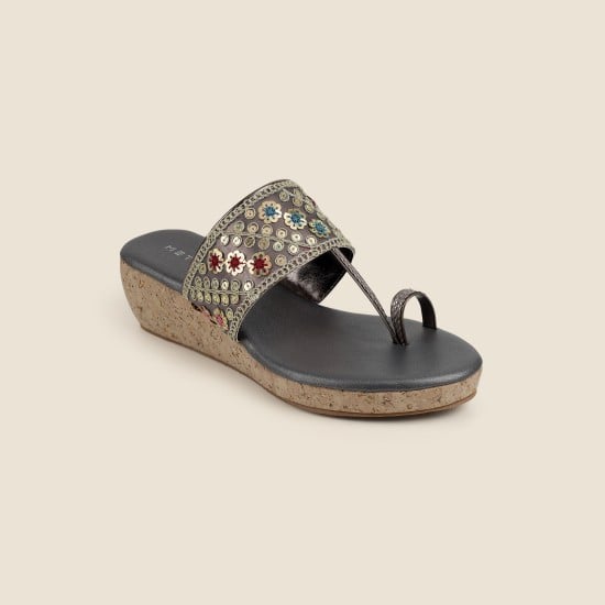 Women Grey Ethnic Slip Ons