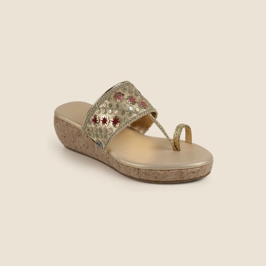 Women Gold Ethnic Slip Ons