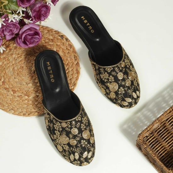 Women Black Ethnic Slip Ons