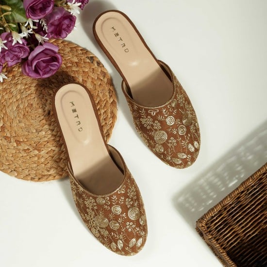 Women Tan Ethnic Slip Ons