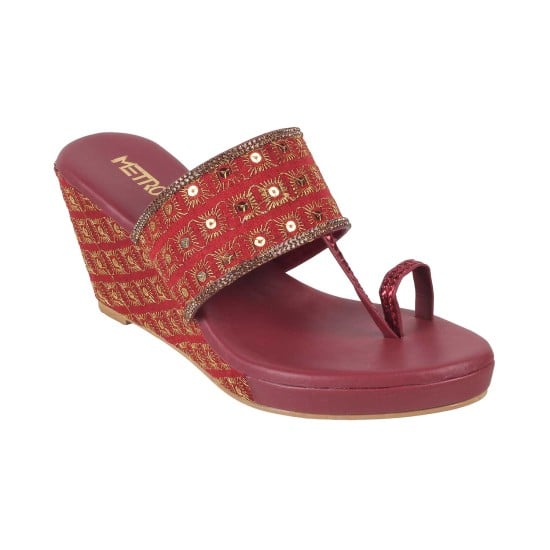 Women Maroon Ethnic Slip Ons