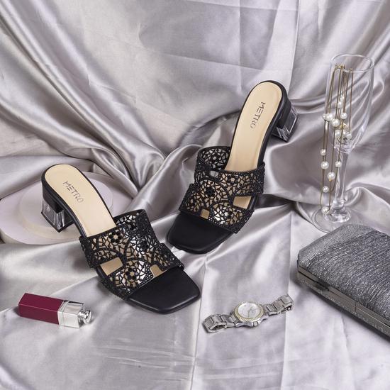 Women Black Party Slip Ons