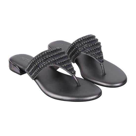 Women Gun-Metal Ethnic Slip Ons