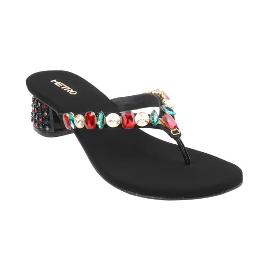 Women Black-multi Ethnic Slip Ons