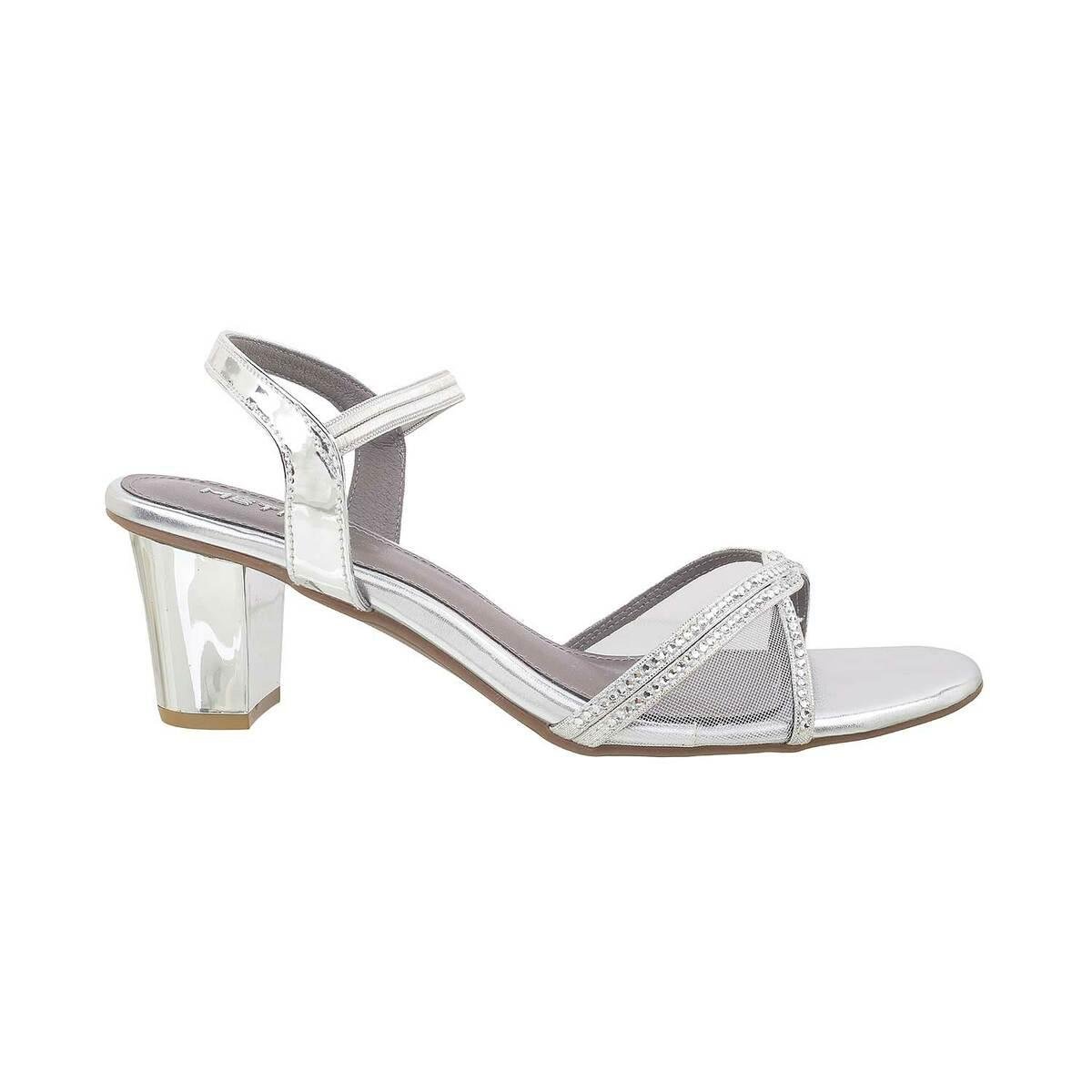 Silver Faux Leather Strappy Diamante Block Heel | SilkFred