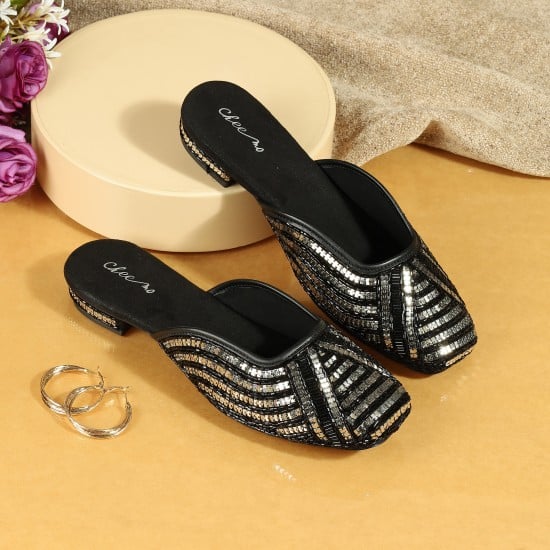 Women Black Ethnic Slip Ons