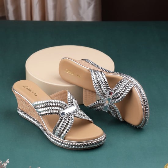 Women Silver Ethnic Slip Ons