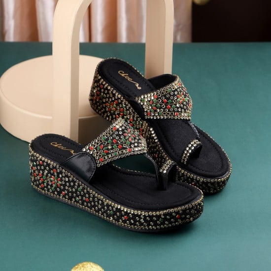 Women Black Ethnic Slip Ons