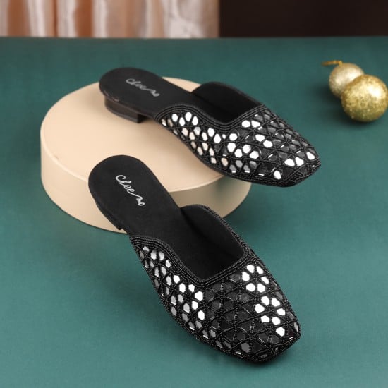 Women Black Ethnic Slip Ons
